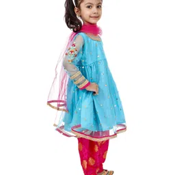 Babyhug Full Sleeves Top and Dhoti Set with Net Dupatta Glitter Print - Blue image 3