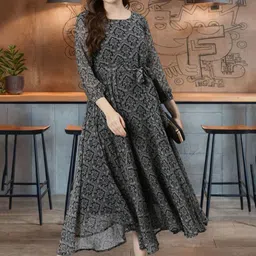 Chandbaali Women Ethnic Motifs Print Chiffon A-Line Midi Dress image 4