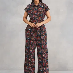 Fabindia Women Floral Printed Shirt Collar Basic Jumpsuit-image-2