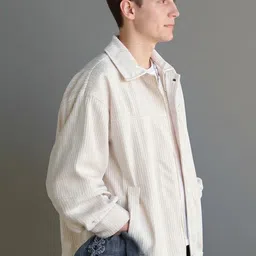 HERE&NOW Men White Shirt Collar Longline Solid Front-Open Sweatshirt image 2