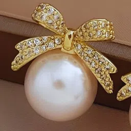 COOLWOOL Korean Gold-Plated Artificial Stones Studded & Pearls Beaded Bow Studs image 2