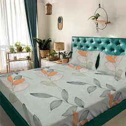 Arrabi Grey & Mustard Floral 350 TC King Bedsheet with 2 Pillow Covers-picture-17