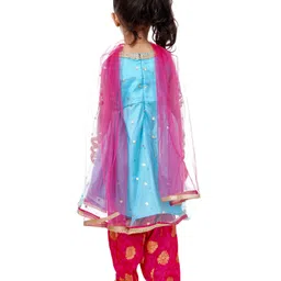 Babyhug Full Sleeves Top and Dhoti Set with Net Dupatta Glitter Print - Blue image 4