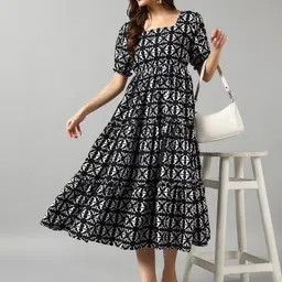 Raiyani Enterprise Women Geometric Printed Puff Sleeve Fit & Flare Midi Dress-image-91