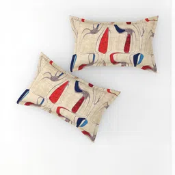 FURNOFY Beige & Red Printed Fitted Superfine Bedsheet With 2 Pillow Covers image 3