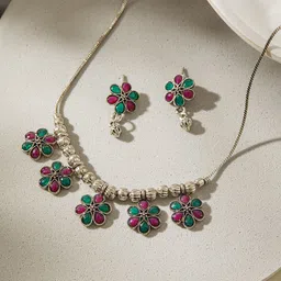 Jazz and Sizzle Silver-Plated Oxidised Stone-Studded Floral Jewellery Set-image-56