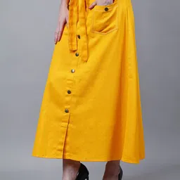 Codaisy Women Pure Cotton A-Line Front Buttoned Maxi Skirt with Belt image 3