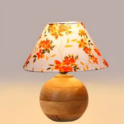 Devansh White & Beige Floral Printed Wooden Frusturical Shaped Table Lamp image 5
