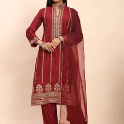 DIVASTRI Women Ethnic Motifs Embroidered Regular Thread Work Pure Silk Kurta with Trousers & With Dupatta image 5