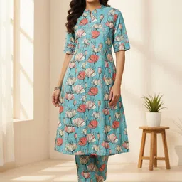 Gopi Prem Floral Printed Band Collar Pure Cotton A-Line Kurta With Trousers-picture-21
