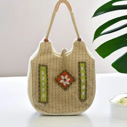 jute next NEXT Women Ethnic Motifs Half Moon Embellished Handheld Bag image 2