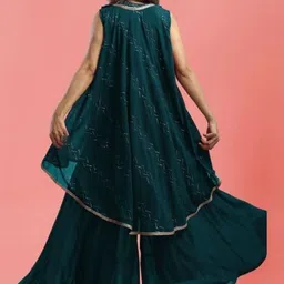 PARROT CREATION Sweta Embroidered Halter Neck Georgette Crop Top With Palazzos & Shrug image 4