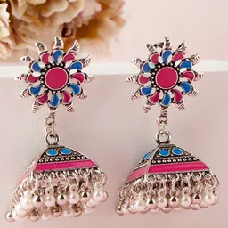 Rubans Silver-Plated Oxidized  Enamel Sunflower Beaded Jhumkas-picture-50