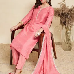 MOKOSH Women Ethnic Motifs Embroidered Regular Thread Work Pure Silk Kurta with Trousers & With Dupatta image 4