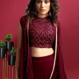 PARROT CREATION Sweta Embroidered Halter Neck Georgette Crop Top With Palazzos & Shrug image 5