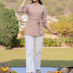 Yufta Checked Mandarin Collar Cuffed Sleeves Pure Cotton Shirt Style Top-picture-10