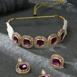 Zaveri Pearls Purple Multistrand Beaded Ethnic Choker Necklace Earring & Ring Set-ZPFK16496-picture-29