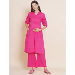 Mine4Nine Pink Solid Rayon Maternity Kurta with Pant (Set of 2)-image-85