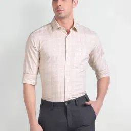 Arrow Beige Cotton Regular Fit Checks Shirt-picture-20