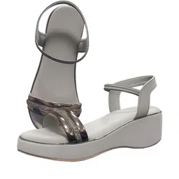 Digni Women Grey & Silver Toned Synthetic Embellished Back Strap Open Toe Wedges image 4