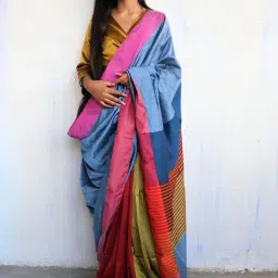 Chidiyaa Blue & Red Striped Handwoven Holi Saree-picture-39