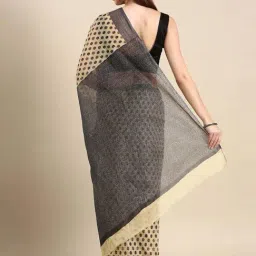 SHANVIKA Beige & Grey Cotton Floral Print Saree With Unstitched Blouse image 2