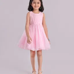 Babyhug Sleeveless Fit and Flare Embellished Party Frock with Corsage and Dots Foil Print - Pink-image-5