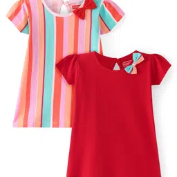 Babyhug Cotton Knit Half Sleeves Striped Frock with Bow Applique Pack of 2 - Multicolour-picture-15