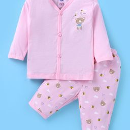 Simply InterlockKnit Full Sleeves Front Open Night Suit with Teddy Bear Print - Baby Pink-picture-9