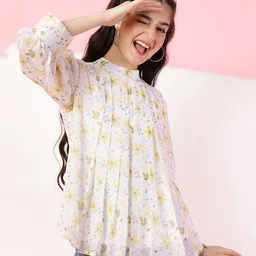 ISHTI Three Fourth Puffed Sleeves Floral Printed Top - Yellow-picture-12