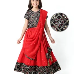 Pine Kids Woven Half Sleeves Choli Lehenga Set with Dupatta Floral Embroidery & Sequin Detailing -Red & Black-picture-17