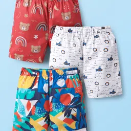 Babyhug Cotton Woven Above Knee Length Boxers with Nautical & Animal Print Pack of 3 - Red Navy Blue & OffWhite-image-51