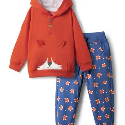 Babyhug Terry Knit Full Sleeves Hooded Sweatjacket & Joggers With with Fox Print & Applique - Rust Orange & Navy Blue-picture-10