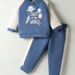 ToffyHouse Fleece Knit Full Raglan Sleeves Winter Wear Sweatshirt & Lounge Pant Set with Space Theme Print - Navy Blue-image-29