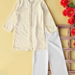 Bella Moda Cotton Woven Full Sleeves Sequins Embellished & Floral Embroidered Kurta Pyjama Set - White-picture-29