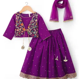 Babyhug Lurex Woven Three Fourth Sleeves Choli Lehenga & Dupatta Set With Floral Embriodery - Purple-picture-10
