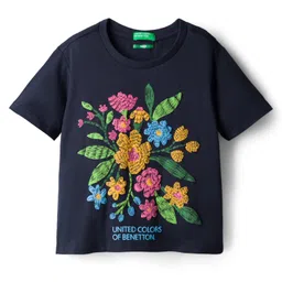UCB 100% Cotton Knit Half Sleeves T-Shirt with Floral Puff Print - Navy Blue-picture-24