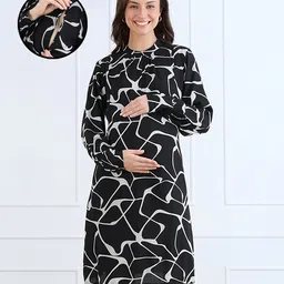 MomToBe Rayon Woven Full Sleeves Abstract Printed Maternity Dress With Side Zipper Nursing Access - White & Black-image-49