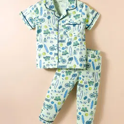 CUCUMBER Sinker Woven Half Sleeves Co-ords Night Suit With Vehicle Print - Green-picture-26