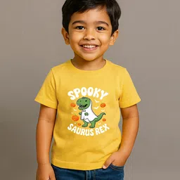 BLUSHES 100% Cotton Knit Halloween Theme Half Sleeves Spooky Saurus Rex Text Printed Tee - Yellow-picture-22
