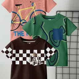 FROSEN FOX Boys Pack of 3 Graphic Printed Round Neck Pure Cotton T-shirts image 5