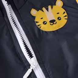 Babyhug Woven Full Sleeves Hooded Jacket With Tiger Patch - Navy Blue & White image 3