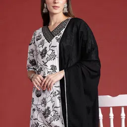 Indo Era Women Floral Printed Regular Thread Work Pure Cotton Kurta with Trousers & With Dupatta image 2