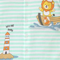 Babyhug 100% Cotton Half Sleeves Romper Stripes & Lion Print- Blue image 4