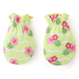 Babyhug 100%  Cotton Cap Mittens And Booties Floral Print -  Green image 4