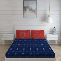 Boutique Living Signature Blue Cotton 300 TC King Size Bed Sheet with Pillow Cover-image-4