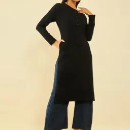 Soch Black Acrylic Patterned Knit Winter Straight Kurta with Pocket-image-19
