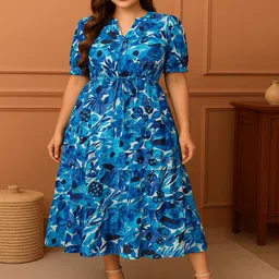 GAB Women Floral Printed Puff Sleeve Cotton Fit & Flare Midi Dress-picture-34