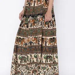 Soundarya Women Beige & Black Bagru Print Flared Maxi Pure Cotton Skirt image 5