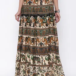 Soundarya Women Beige & Black Bagru Print Flared Maxi Pure Cotton Skirt image 4